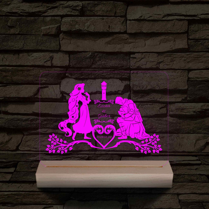 Esküvő, Hercegnő és Lovagja  személyre szabott 20 cm fa talppal 7 színű 3D led lámpa