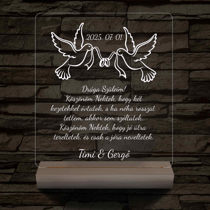 Szülőköszöntő – „Drága Szüleim!” – 7 színű, színváltós 3D LED lámpa