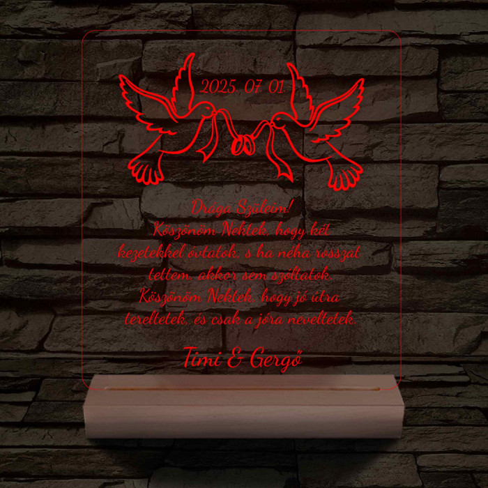 Szülőköszöntő – „Drága Szüleim!” – 7 színű, színváltós 3D LED lámpa
