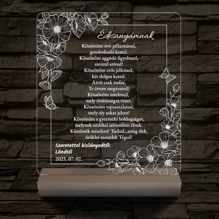 Szülőköszöntő Harmónia – Virágos-Pillangós – 7 színű, színváltós 3D LED lámpa