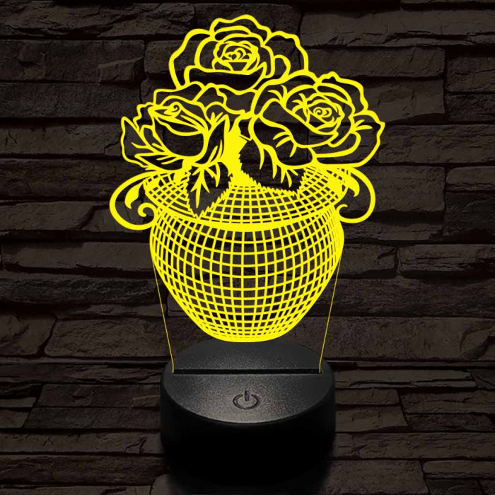 Rózsacsokor-vázában 7 színű 3D led lámpa