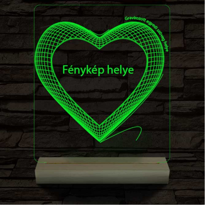 Hálós szív gravírozható képpel és szöveggel, egyedi fotógravírozás fatalppal 7 színű 3D led lámpa