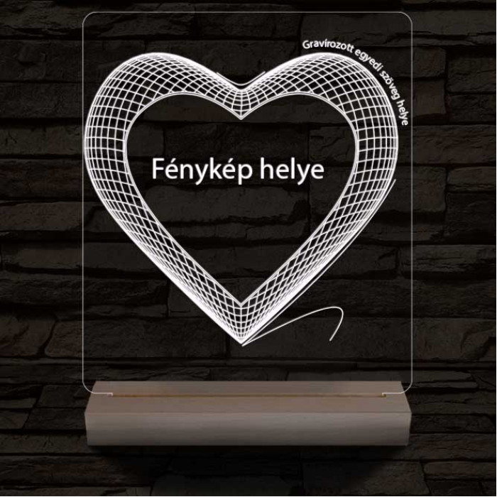 Hálós szív gravírozható képpel és szöveggel, egyedi fotógravírozás fatalppal 7 színű 3D led lámpa