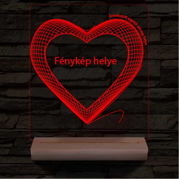 Hálós szív gravírozható képpel és szöveggel, egyedi fotógravírozás fatalppal 7 színű 3D led lámpa