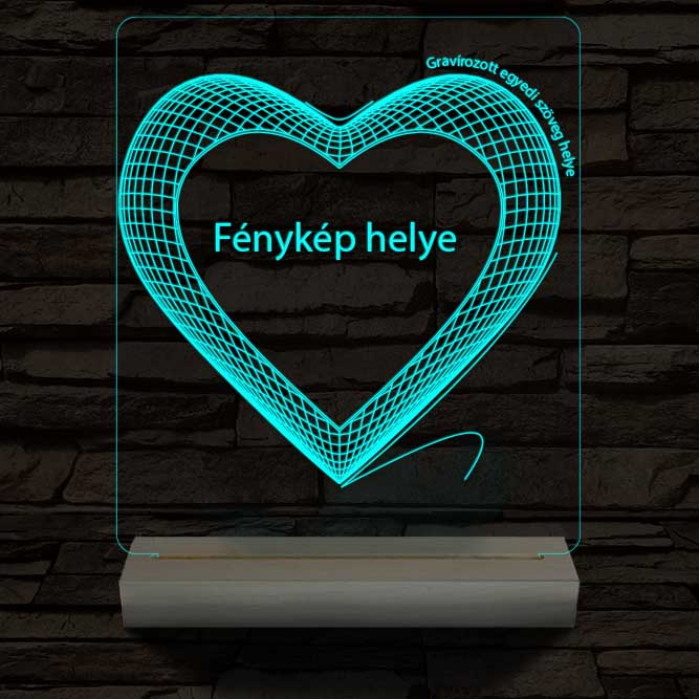 Hálós szív gravírozható képpel és szöveggel, egyedi fotógravírozás fatalppal 7 színű 3D led lámpa
