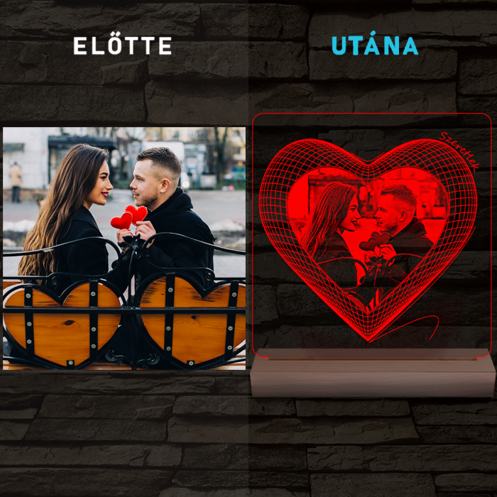 Hálós szív gravírozható képpel és szöveggel, egyedi fotógravírozás fatalppal 7 színű 3D led lámpa
