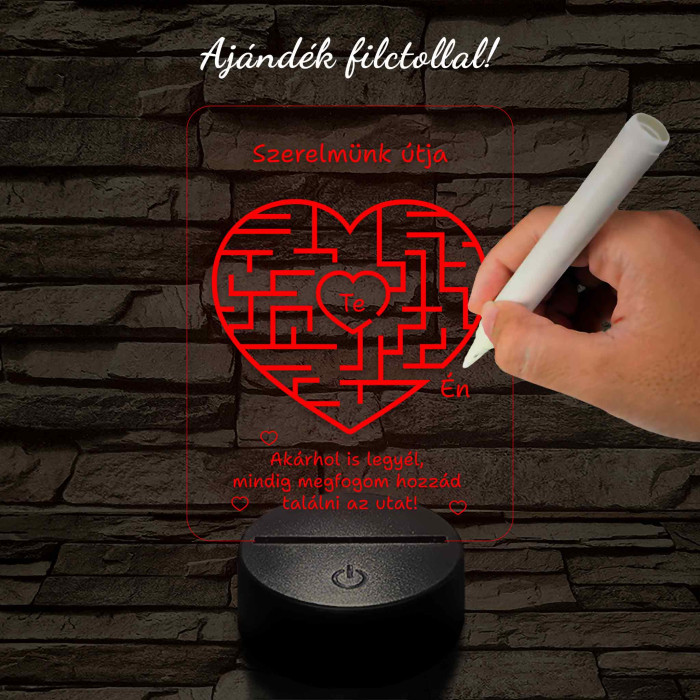 A szerelem labirintusa, szív alakú-szögletes 7 színű 3D led lámpa filccel