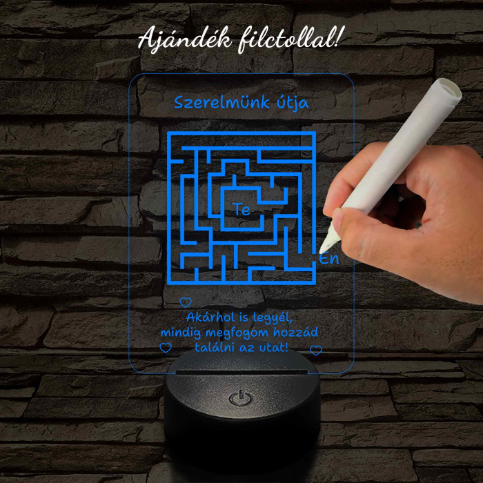A szerelem labirintusa, kocka alakú-szögletes 7 színű 3D led lámpa filccel