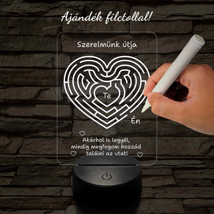 A szerelem labirintusa, szív alakú-görbülő mintás 7 színű 3D led lámpa filccel