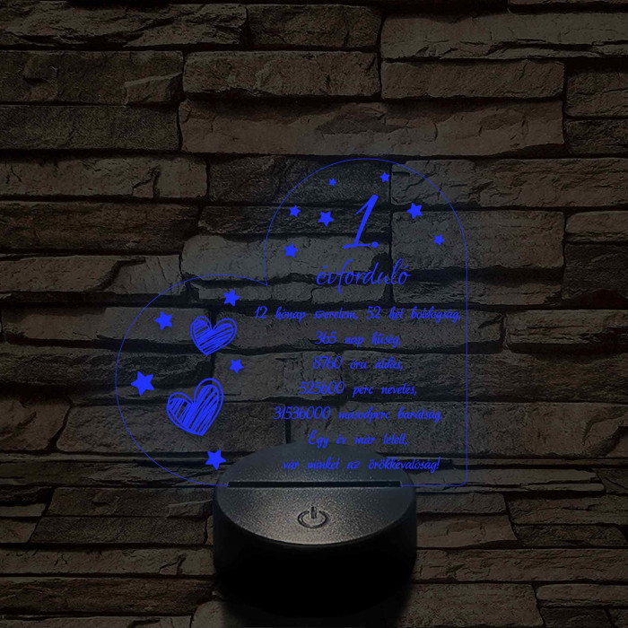 Első évforduló – Idő, szerelem, örökkévalóság – 7 színű, színváltós 3D LED lámpa