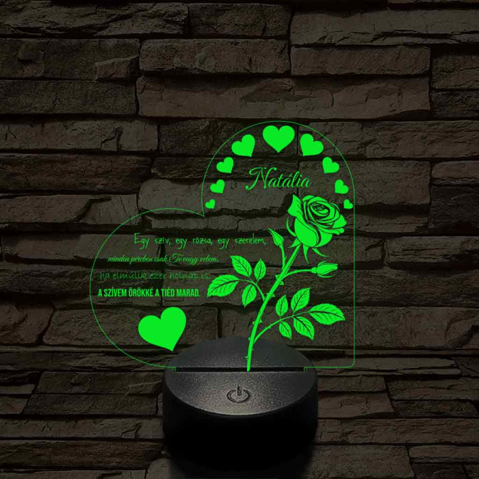 Egyedi neves szív rózsa - 7 színű, színváltós 3D LED lámpa
