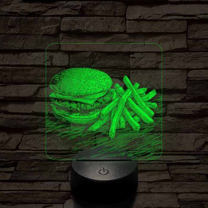 Street food sajtburger és krumpli 7 színű, valósághűen gravírozott 3D led lámpa