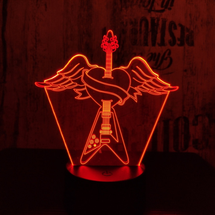 Rock Gitár szív  7 színű  3D led lámpa